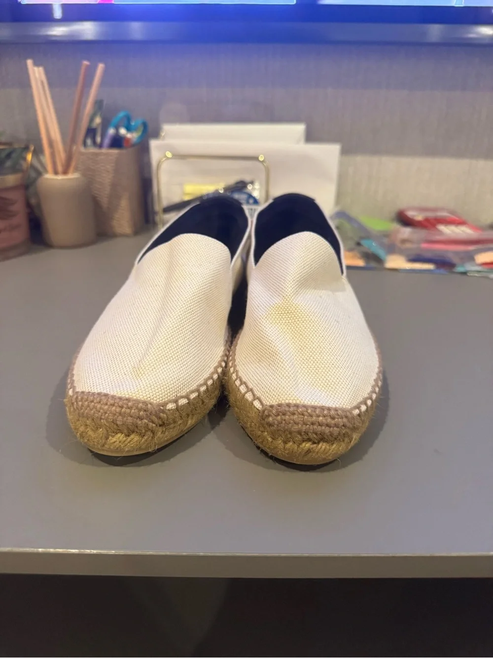 Saint Laurent Cream Canvas Espadrille Flats with Black Trim